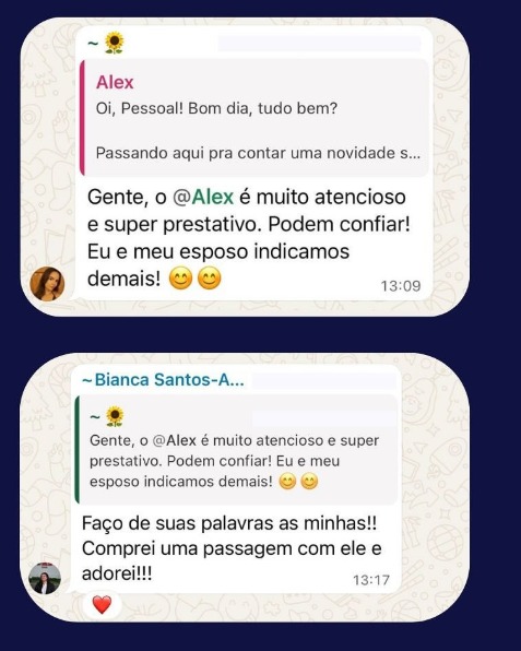 Clientes no WhatsApp dizendo que o atendimento é atencioso e prestativo, e que compraram passagem e adoraram.