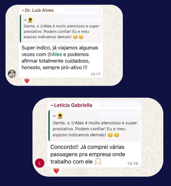 Clientes recomendando o atendimento como cuidadoso, honesto e pró-ativo, e contando que já compraram várias passagens.