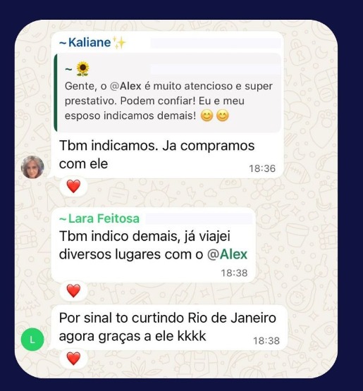 Clientes indicando a agência e contando que já viajaram para vários lugares com a gente.